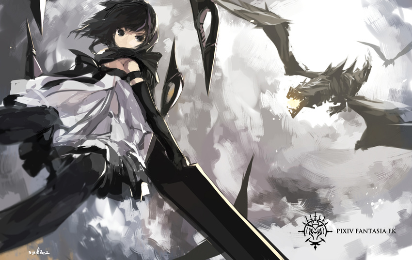 black_eyes brown_hair dragon dress elbow_gloves pixiv_fantasia scarf short_hair signed swd3e2