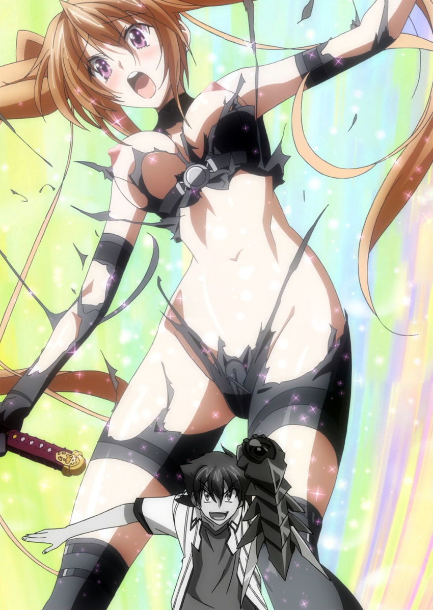 1boy 1girl absurdres blush breasts brown_hair gauntlets high_school_dxd highres hyoudou_issei large_breasts monochrome nipples nude open_mouth purple_eyes screencap shidou_irina sparkle stitched surprised sword torn_clothes twintails weapon