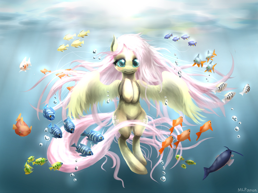 bubble cutie_mark equine female fish fluttershy_(mlp) friendship_is_magic fur green_eyes hair horse long_hair looking_at_viewer mammal marine mlpanon my_little_pony pegasus pink_hair pony solo theformlpganon water wings yellow_fur