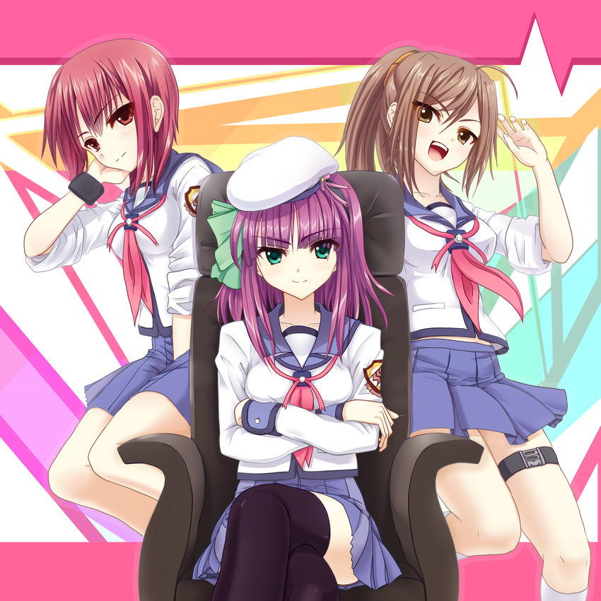 absurdres angel_beats! beret brown_eyes brown_hair chair crossed_arms green_eyes hat highres hisako_(angel_beats!) iwasawa long_hair multiple_girls ponytail purple_hair red_eyes red_hair school_uniform serafuku shinda_sekai_sensen_uniform short_hair sitting sleeves_rolled_up thighhighs yuri_(angel_beats!) yuzuki_karin