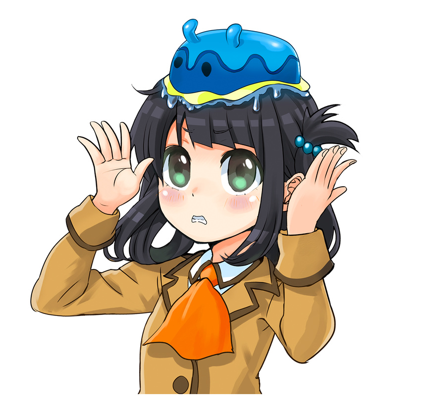 animal animal_on_head bad_id bad_pixiv_id black_hair folded_hair green_eyes hair_rings isshiki_tarou long_hair nagi_no_asukara on_head school_uniform sea_slug shiodome_miuna slime twintails wince