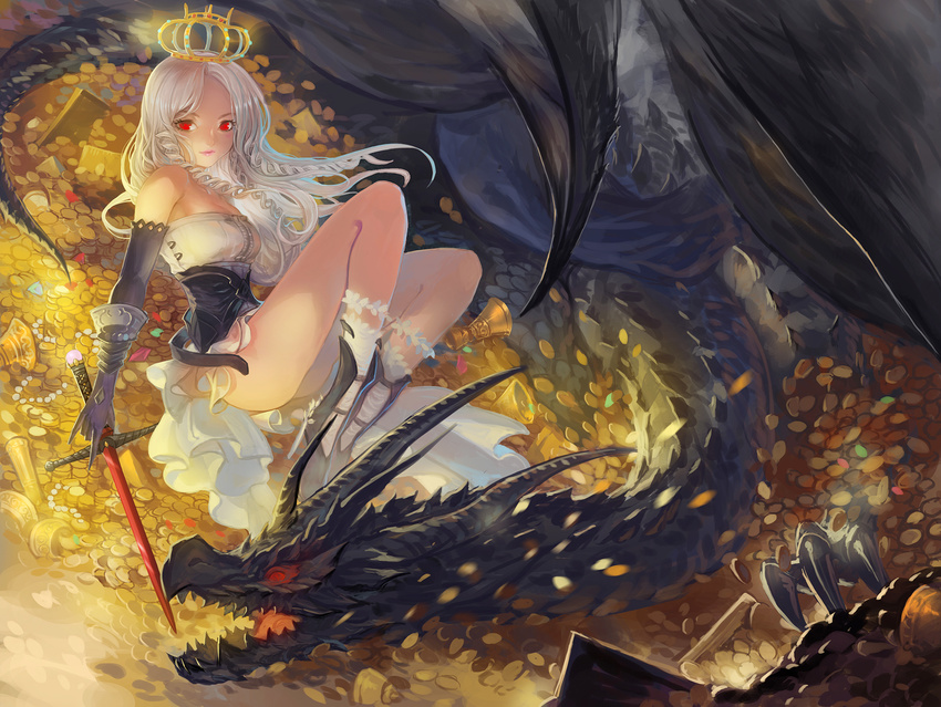 albino boots braid breasts cleavage crown dragon dress elbow_gloves female gloves highres kiko_(clovia_studio) long_hair monster pixiv_fantasia quaanqin red_eyes royal shokuzai smile sword tied_hair weapon white_hair