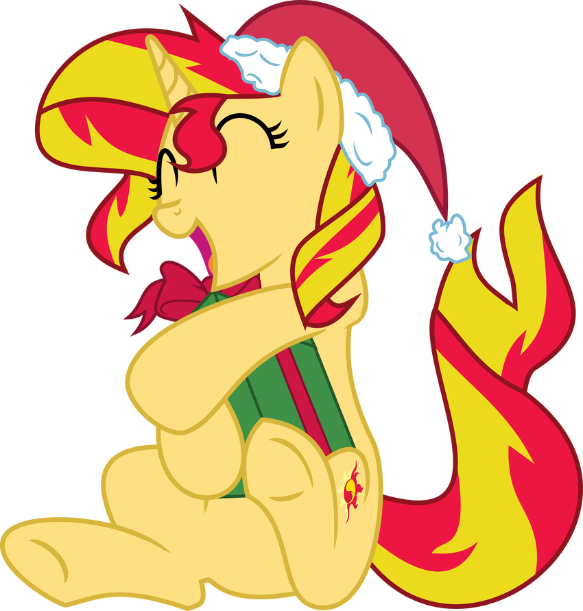 absurd_res alpha_channel blonde_hair bow christmas cutie_mark elsia-pony equestria_girls equine eyes_closed female friendship_is_magic gift hair hat hi_res holding holidays horn horse mammal my_little_pony plain_background pony red_hair ribbons santa_hat sitting sunset_shimmer_(eg) transparent_background two_tone_hair unicorn