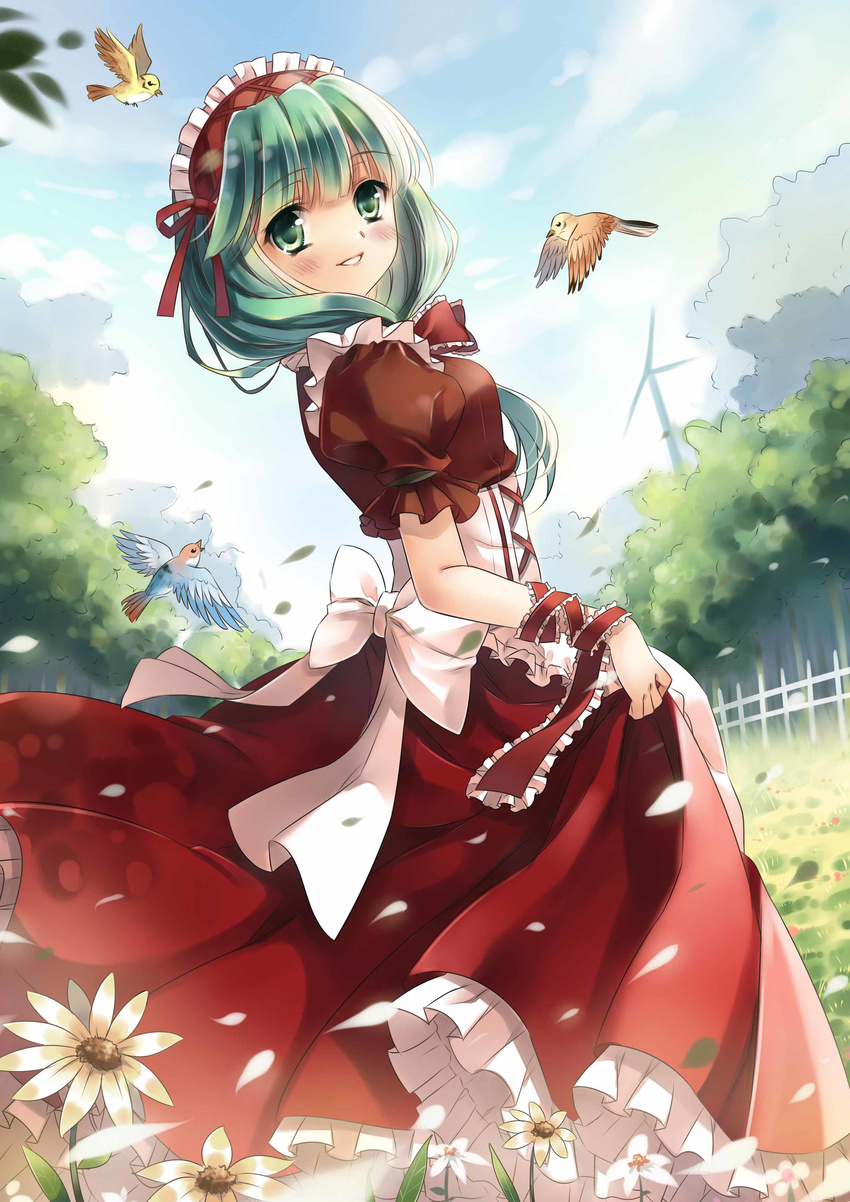 absurdres adapted_costume alternate_costume apron bird blue_sky blush cloud day dress enmaided fence flower front_ponytail green_eyes green_hair highres jiji_(381134808) kagiyama_hina looking_at_viewer maid maid_apron maid_headdress petals puffy_sleeves red_dress ribbon sash short_sleeves skirt_hold sky smile solo touhou tree windmill wrist_ribbon