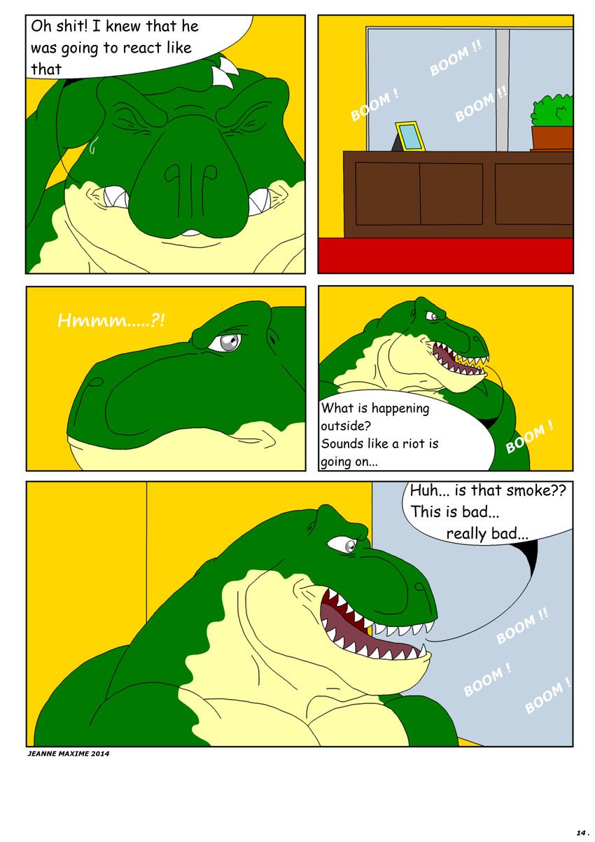 2014 anthro comic dinosaur male maxime-jeanne muscles scalie theropod thomas_carter tyrannosaurus_rex