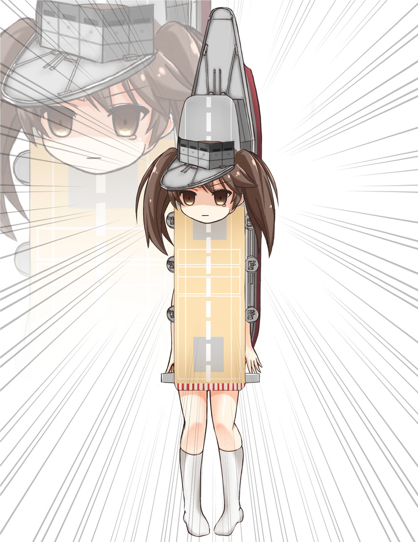 brown_eyes brown_hair emphasis_lines empty_eyes flat_chest flight_deck highres kantai_collection kneehighs rivu_penguin ryuujou_(kantai_collection) socks solo tears twintails white_legwear zoom_layer