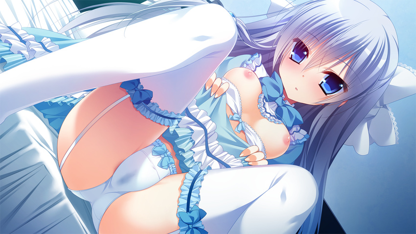 ayashiro_kagari bed blue blue_dress blue_eyes blush bow bow_bra bow_panties bra bra_pull breasts breasts_outside dress dress_lift frilled_bra frilled_dress frilled_legwear frilled_panties frills game_cg garter_straps hair_bow innocent_girl legs long_hair looking_at_viewer medium_breasts nanaka_mai nipples panties pussy_juice_stain silver_hair solo spread_legs stained_panties thighhighs underwear wet wet_clothes wet_panties white_bra white_legwear white_panties