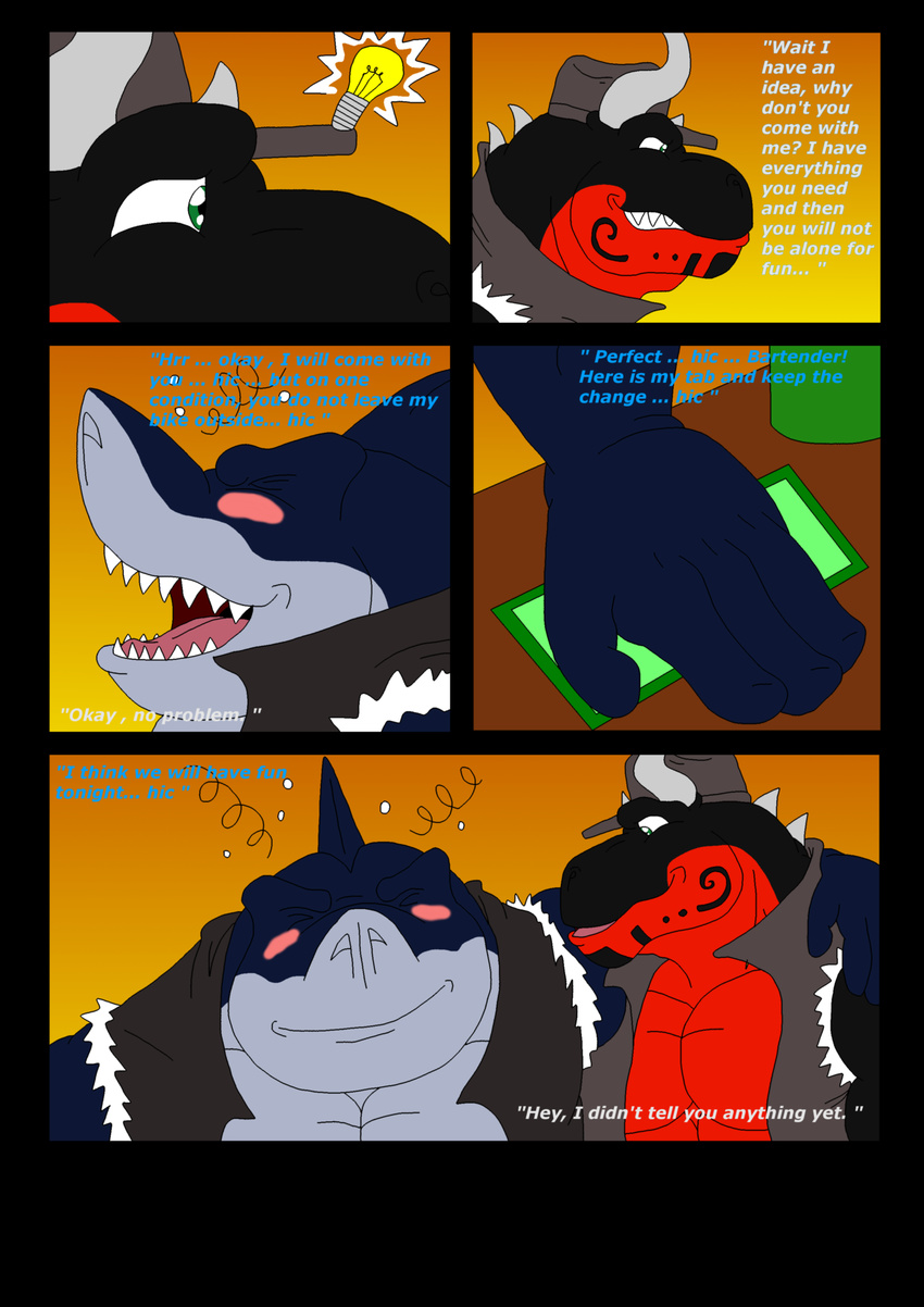 2014 alcohol anthro bar beverage blush clothing comic dialog dragon drunk duncan_hawthorne english_text fish fishmen great_white_shark horn male marine maxime-jeanne muscles naga pecs reptile ripster scalie shark standing street_sharks text