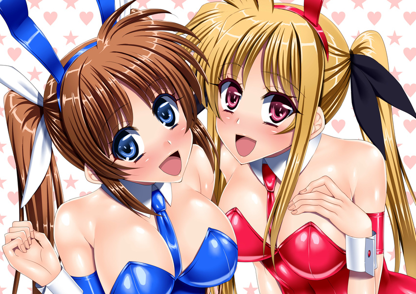 absurdres animal_ears armband between_breasts blonde_hair blue_eyes blue_neckwear breasts brown_hair bunny_ears bunnysuit cleavage detached_collar fate_testarossa highres long_hair lyrical_nanoha mahou_shoujo_lyrical_nanoha medium_breasts multiple_girls necktie necktie_between_breasts pantyhose red_eyes red_neckwear sen_(sansui) takamachi_nanoha twintails wrist_cuffs