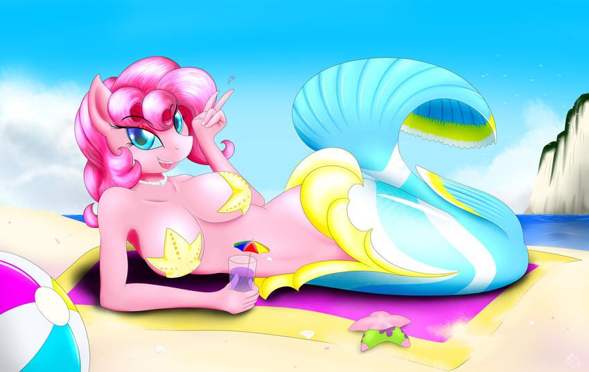 anthro anthrofied beach beach_ball big_breasts blanket blue_eyes blumagpie breasts cameo cliff drink equine female friendship_is_magic hair hi_res horse looking_at_viewer lying mammal mermaid my_little_pony on_side open_mouth patrick_star pink_body pink_hair pinkie_pie_(mlp) pony seaside sky solo spongebob_squarepants starfish topless v_sign water