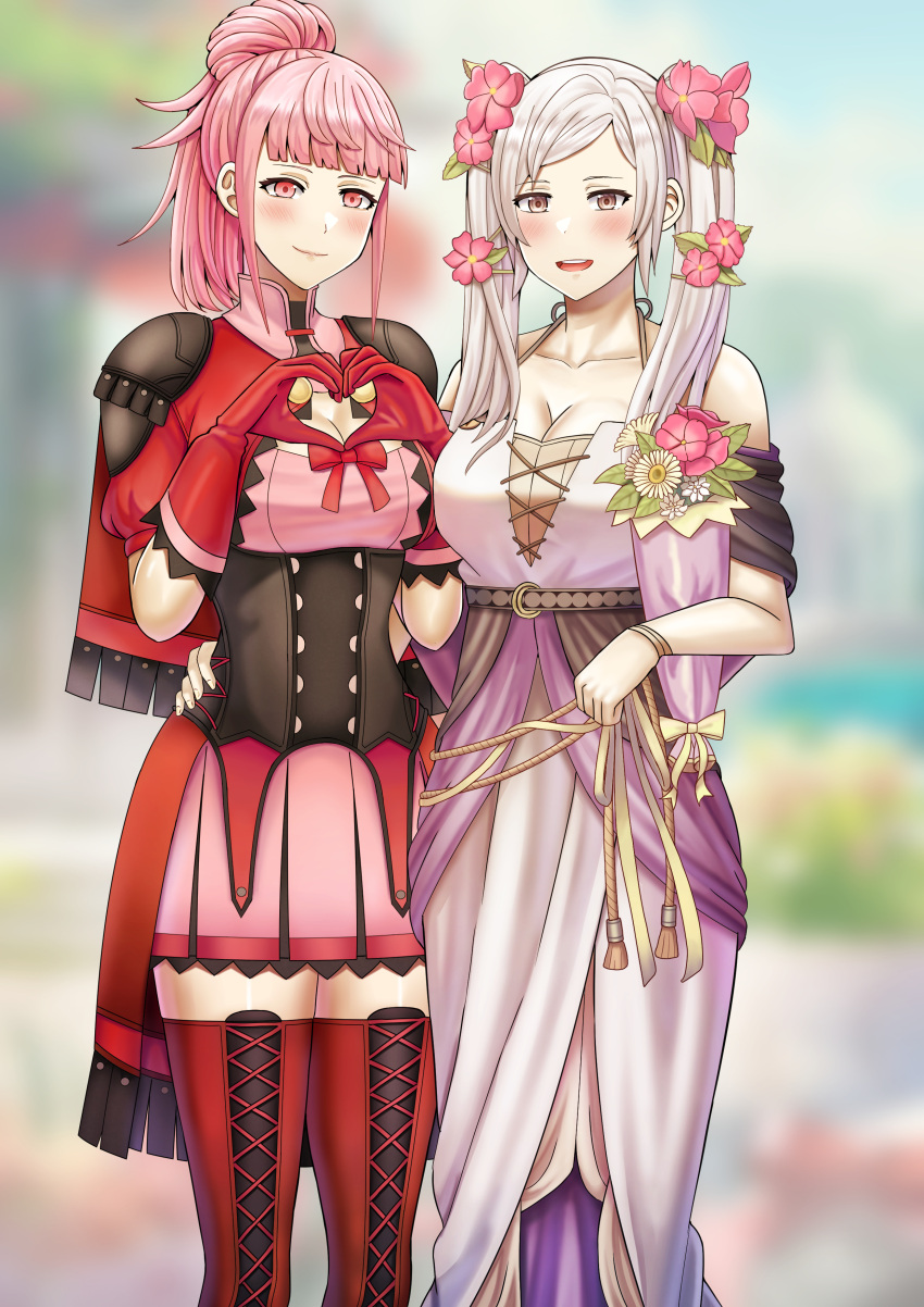 2girls absurdres blurry blurry_background blush bow breasts collarbone dress fire_emblem fire_emblem:_three_houses fire_emblem_awakening fire_emblem_heroes fire_emblem_warriors:_three_hopes flower gloves hair_flower hair_ornament heart heart_hands highres hilda_valentine_goneril large_breasts long_dress long_hair multiple_girls official_alternate_costume official_alternate_hairstyle pink_eyes pink_hair ponytail red_gloves red_thighhighs ribbon robin_(female)_(fire_emblem) robin_(fire_emblem) saikunartworks smile strapless strapless_dress thighhighs twintails white_dress zettai_ryouiki