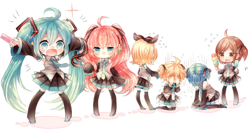 4girls ahoge all_fours alternate_hairstyle blonde_hair boots brown_eyes brown_hair chibi comb cosplay covering_face crossdressing detached_sleeves flying_sweatdrops food green_eyes green_hair hair_ribbon hatsune_miku hatsune_miku_(cosplay) headphones highres ice_cream ice_cream_cone kagamine_len kagamine_rin kaito kneeling long_hair megurine_luka meiko multiple_boys multiple_girls necktie niwako open_mouth otoko_no_ko outstretched_arms pigeon-toed pink_hair popsicle red_hair ribbon short_hair skirt spread_arms sweat thigh_boots thighhighs twintails very_long_hair vocaloid white_background