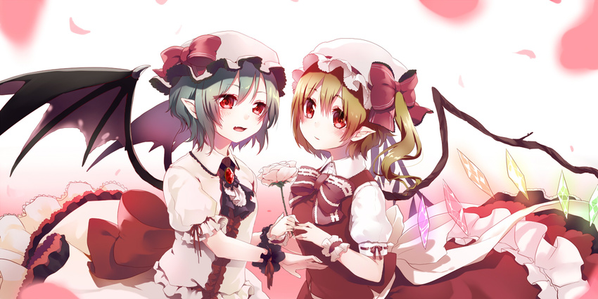 bad_id bad_pixiv_id bat_wings blonde_hair blue_hair blush bow fang flandre_scarlet flower hat looking_at_viewer multiple_girls open_mouth pointy_ears red_eyes remilia_scarlet shirako_sei short_hair short_sleeves siblings side_ponytail sisters smile touhou wings wrist_cuffs