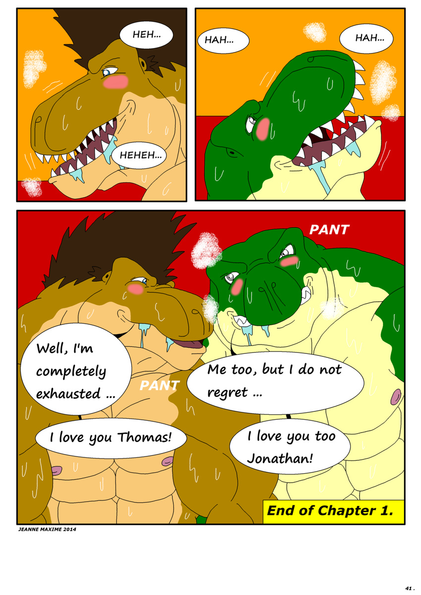 2014 anthro blush comic dinosaur gay jonathan_alexander male maxime-jeanne muscles nude scalie theropod thomas_carter tyrannosaurus_rex