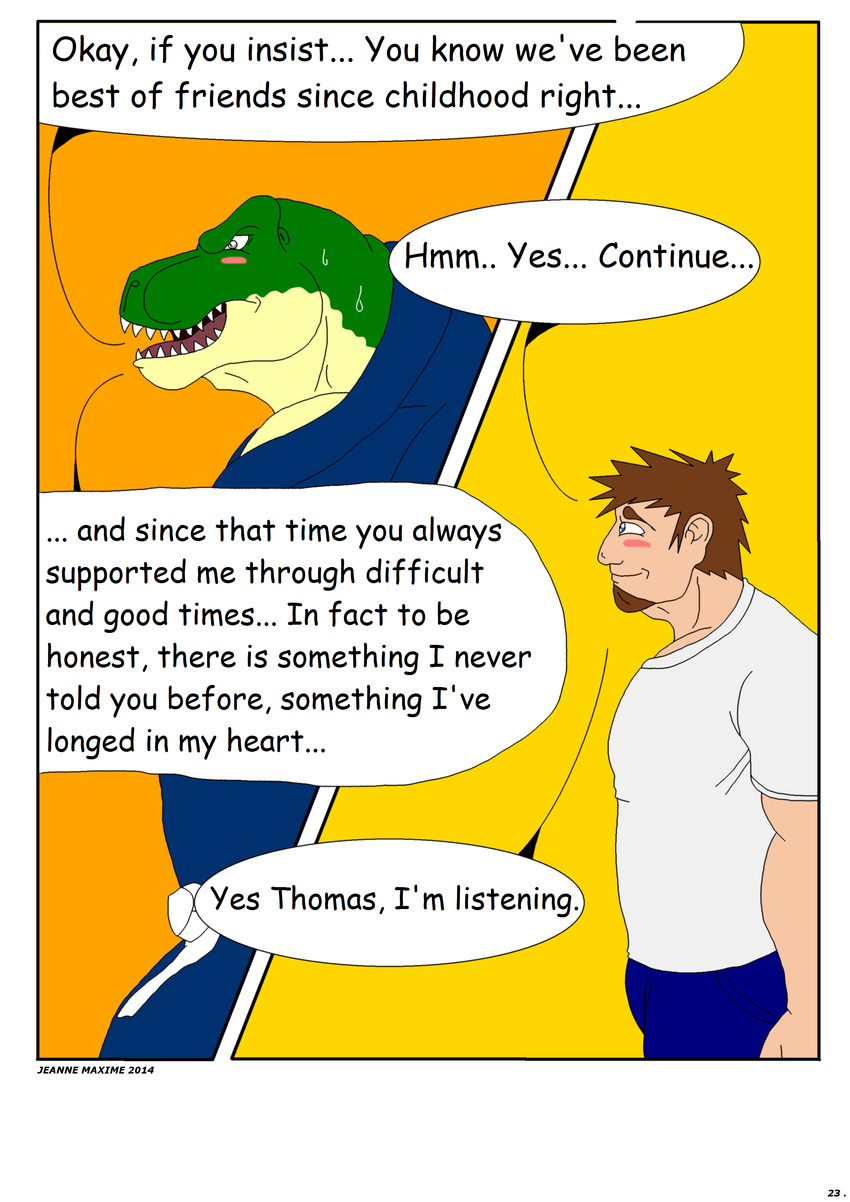 2014 anthro blush clothing comic dinosaur human jonathan_alexander male maxime-jeanne muscles scalie theropod thomas_carter tyrannosaurus_rex