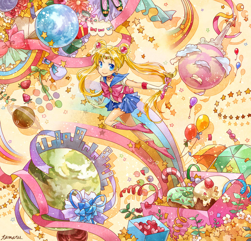back_bow balloon bishoujo_senshi_sailor_moon blonde_hair blue_eyes blue_sailor_collar blue_skirt boots bow box brooch cake candy choker colorful double_bun doughnut earrings elbow_gloves flower food gloves hair_ornament hairpin highres jewelry knee_boots long_hair magical_girl moon_stick planet pleated_skirt rainbow red_bow red_choker ribbon rocket sailor_collar sailor_moon sailor_senshi_uniform signature skirt smile solo star tamaru tiara tsukino_usagi twintails