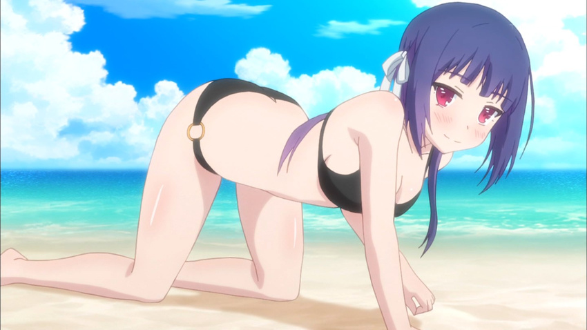 1girl all_fours beach bikini black_bikini blush bow butt_crack female hair_bow hair_ornament hair_ribbon kinoshita_ringo kinoshita_ringo_(no-rin) long_hair looking_at_viewer no-rin o-ring_bikini ocean outdoors purple_eyes purple_hair ribbon screencap sea shiny shiny_skin sky solo straight_hair swimsuit water