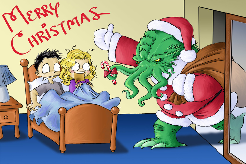 christmas cthulhu cthulhu_mythos drchrissy h.p._lovecraft hat holidays human mammal monster santa santa_hat scared tentacles