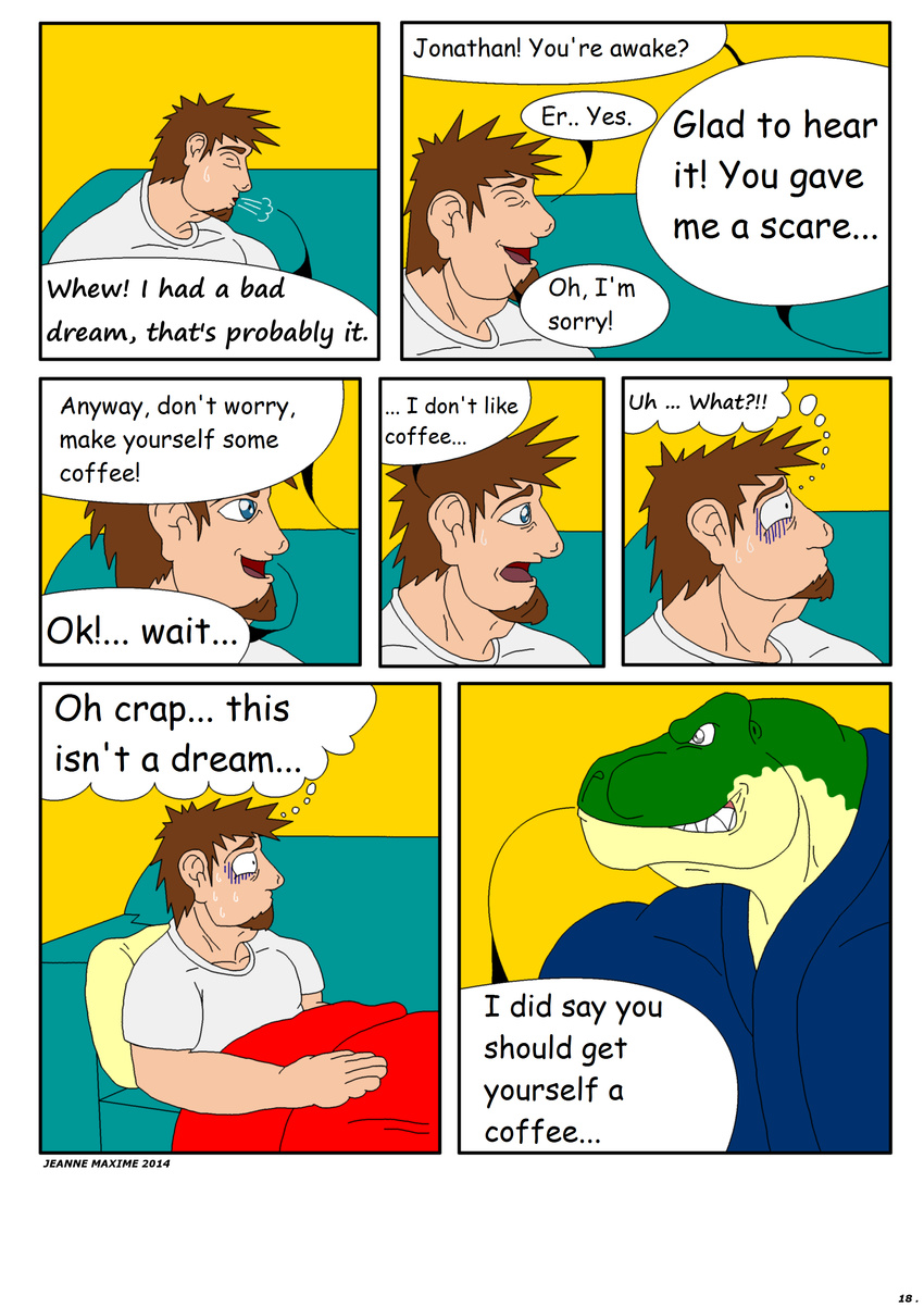 2014 anthro clothing comic dinosaur human jonathan_alexander male maxime-jeanne muscles scalie theropod thomas_carter tyrannosaurus_rex