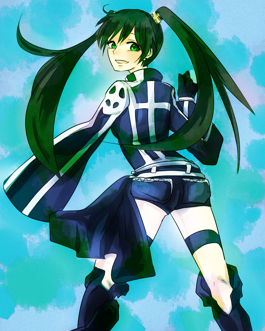1girl belt boots d.gray-man head_tilt lenalee_lee long_hair popped_collar shorts simple_background solo thigh_strap twintails zipper