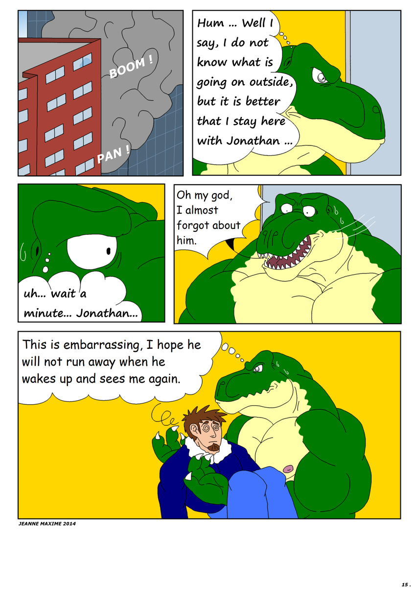 2014 anthro clothing comic dinosaur human jonathan_alexander male maxime-jeanne muscles scalie theropod thomas_carter tyrannosaurus_rex