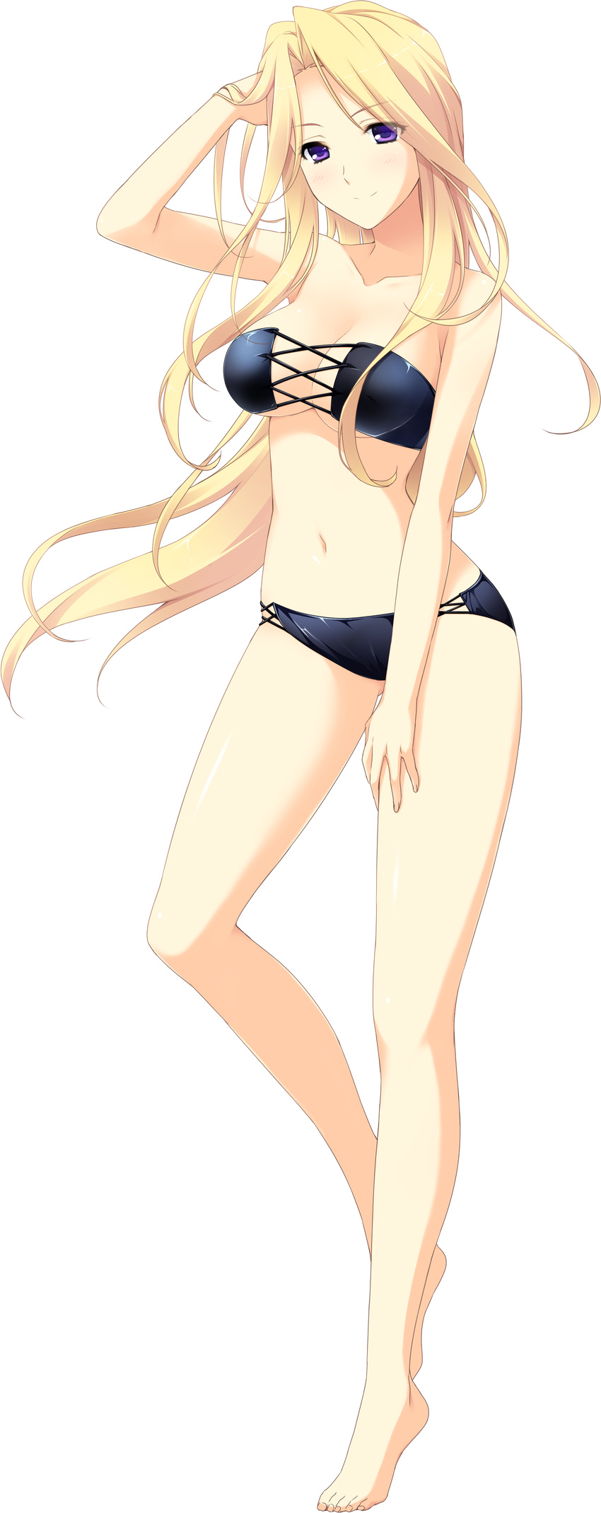 absurdres arm_up barefoot bikini black_bikini blonde_hair breasts full_body hand_on_thigh hand_to_head highres kariu_nagisa koisuru_natsu_no_last_resort large_breasts long_hair marui_(koedame) navel purple_eyes smile solo swimsuit transparent_background