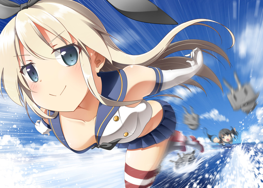 :&gt; :d asashio_(kantai_collection) bell_(oppore_coppore) black_hair black_panties blonde_hair blue_eyes blush elbow_gloves gloves hairband holding holding_panties kantai_collection long_hair looking_at_viewer motion_blur multiple_girls open_mouth panties panties_removed rensouhou-chan revision shimakaze_(kantai_collection) skirt smile striped striped_legwear thighhighs underwear walking walking_on_liquid white_gloves