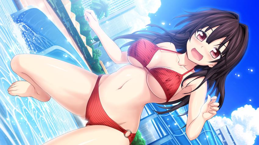 bikini black_hair game_cg ichinose_rukina long_hair love_of_renai_koutei_of_love! oozora_itsuki pool red_eyes swimsuit water