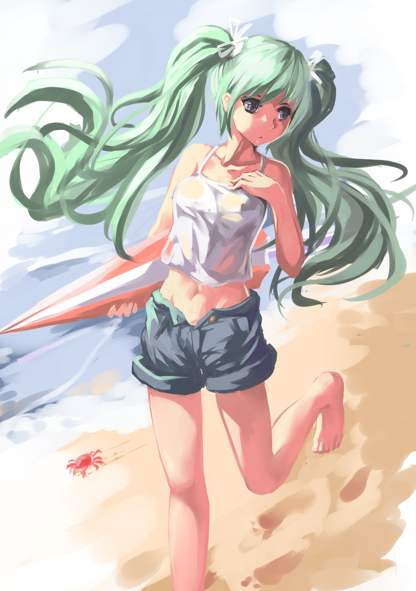 463_jun abs absurdres bare_arms bare_shoulders barefoot beach blue_eyes blue_sky closed_umbrella cloud collarbone crab day green_hair hair_ribbon hatsune_miku highres long_hair midriff navel outdoors parasol ribbon shorts sky solo tank_top twintails umbrella very_long_hair vocaloid