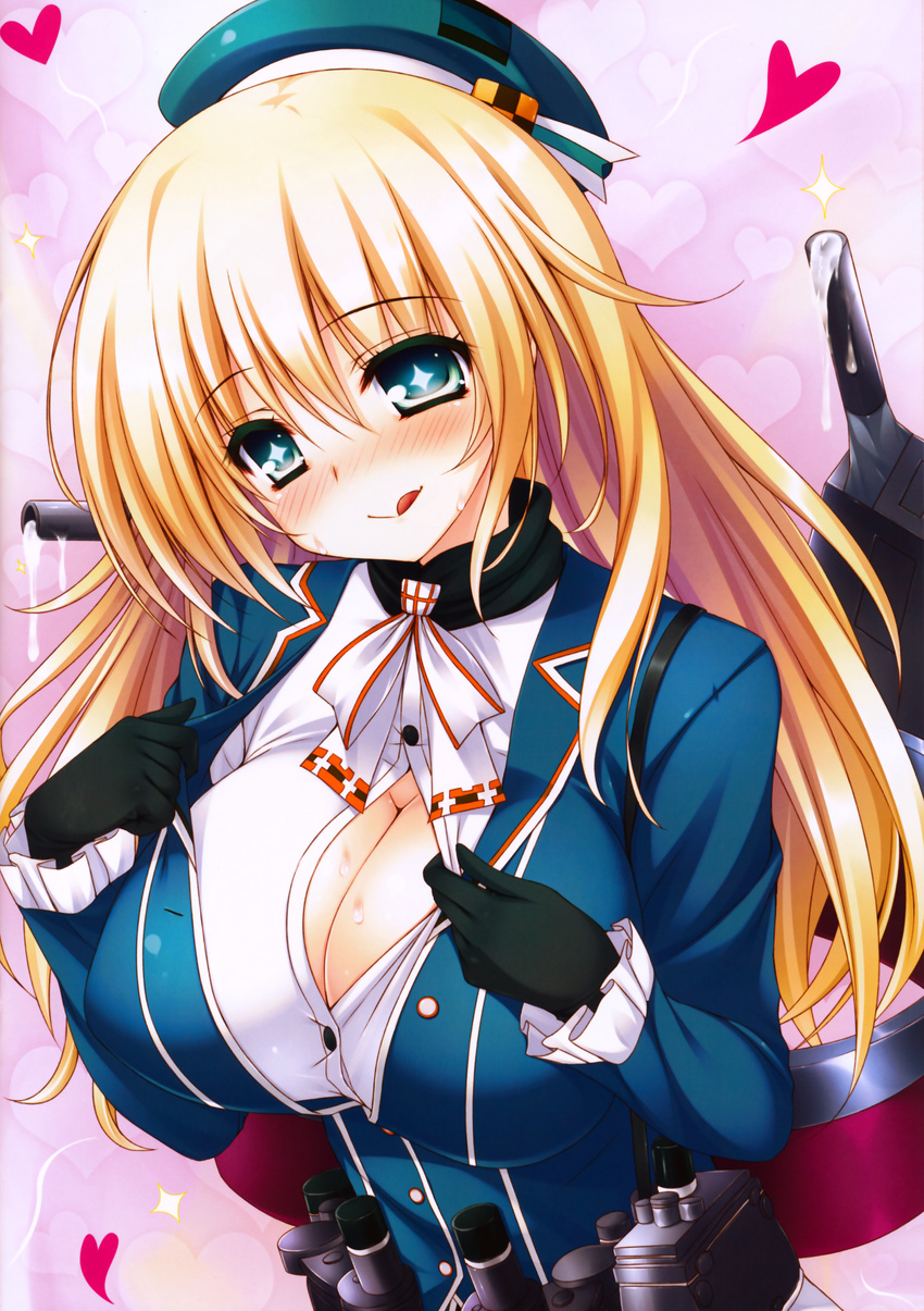 1girl 2-g :q absurdres atago_(kantai_collection) blonde_hair blue_eyes blush breasts cleavage dripping hat highres kantai_collection large_breasts long_hair open_clothes open_shirt shirt solo tongue tongue_out turret undressing