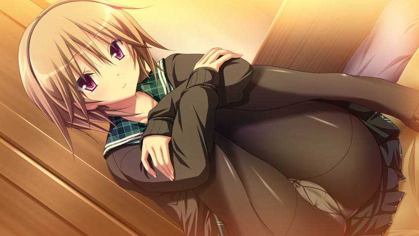 1girl ass bed blonde_hair brown_hair game_cg hapymaher hapymaher:_fragmentation_dream headband highres koku legs looking_at_viewer panties pantyhose pillow pink_eyes purple_eyes purple_software school_uniform seifuku short_hair sitting smile solo tagme_(character) thighs toriumi_yuuko tsukimori_hiro underwear