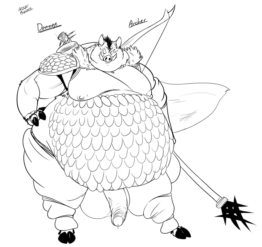 archer armor balls belly big_balls big_penis boar bow cape fur leggings legwear long_penis male mammal moobs nipples obese overweight penis polearm porcine riis scalemail solo spear