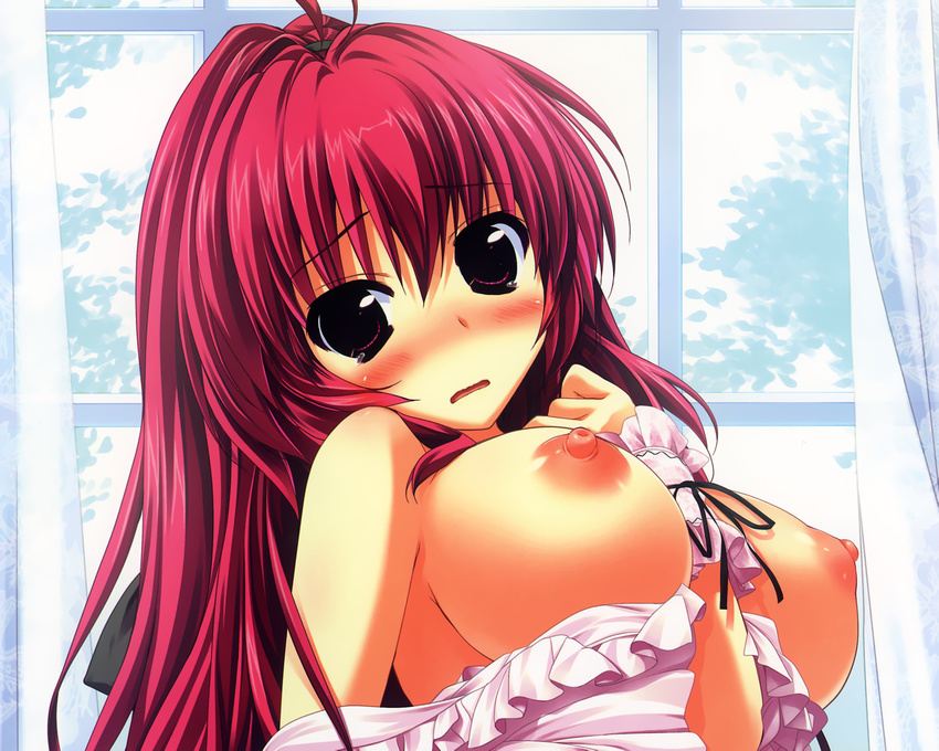 1girl blush breast_hold breasts female highres kamikaze_explorer! long_hair looking_at_viewer nipples oshiki_hitoshi yuutenji_mishio