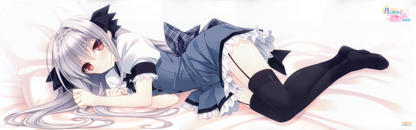 absurdres black_legwear dakimakura dress full_body garter_straps grey_hair highres huge_filesize legs lying on_side pink_eyes sakurakouji_luna school_uniform solo suzuhira_hiro thighhighs tsuki_ni_yorisou_otome_no_sahou