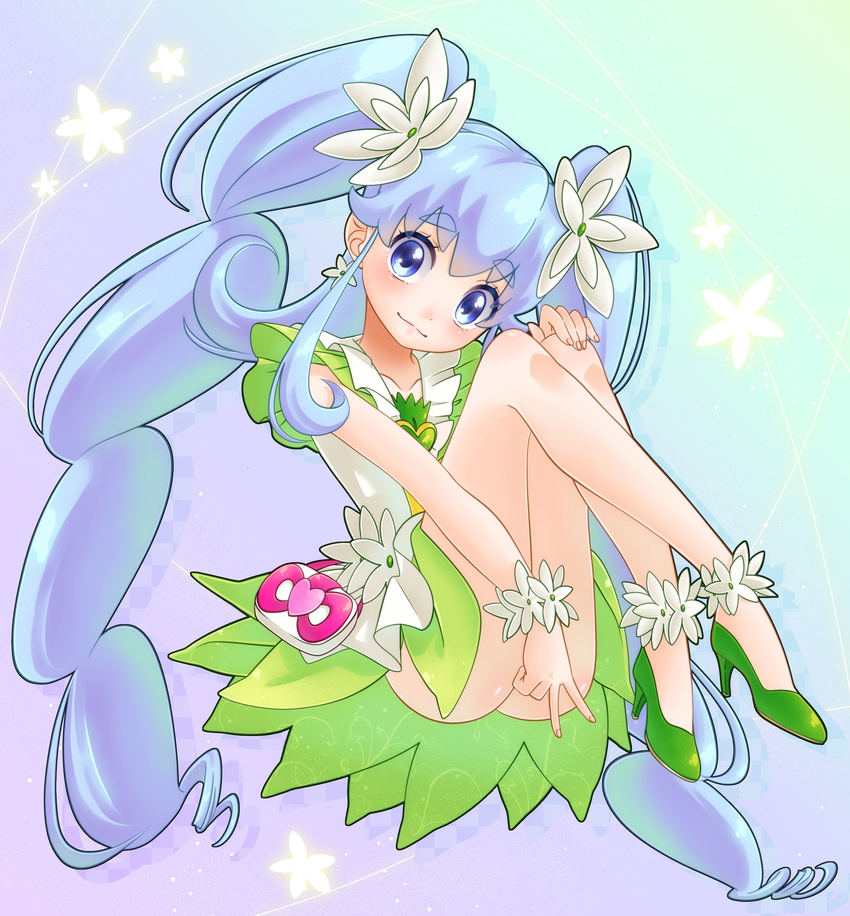 absurdres alternate_form blue_eyes blue_hair cure_princess flower green_skirt hair_flower hair_ornament happinesscharge_precure! highres long_hair looking_at_viewer macadamia_hula_dance magical_girl precure shirayuki_hime skirt solo twintails v yupiteru