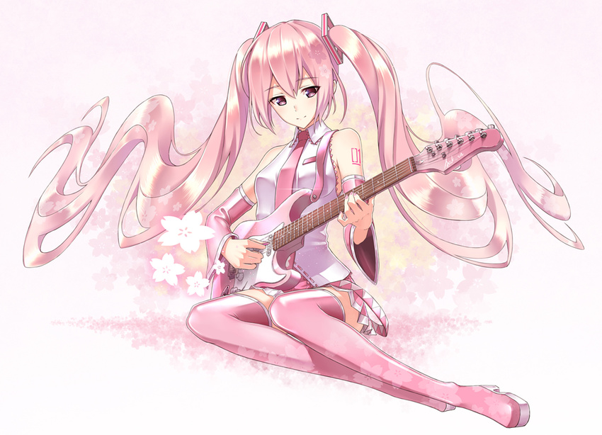 fame_peera guitar hatsune_miku instrument long_hair pink_eyes pink_hair sakura_miku twintails vocaloid