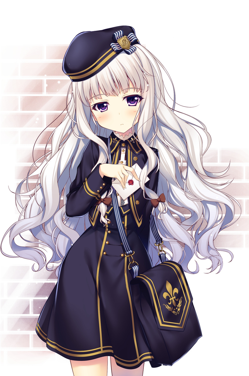 absurdres bag beret commentary fleur_de_lis hair_ribbon hat highres letter long_hair looking_at_viewer messenger_bag original purple_eyes raiou ribbon shoulder_bag silver_hair solo uniform very_long_hair wax_seal