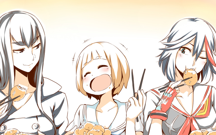 blue_eyes blush food gloves kill_la_kill kiryuin_satsuki mankanshoku_mako matoi_ryuuko regura seifuku