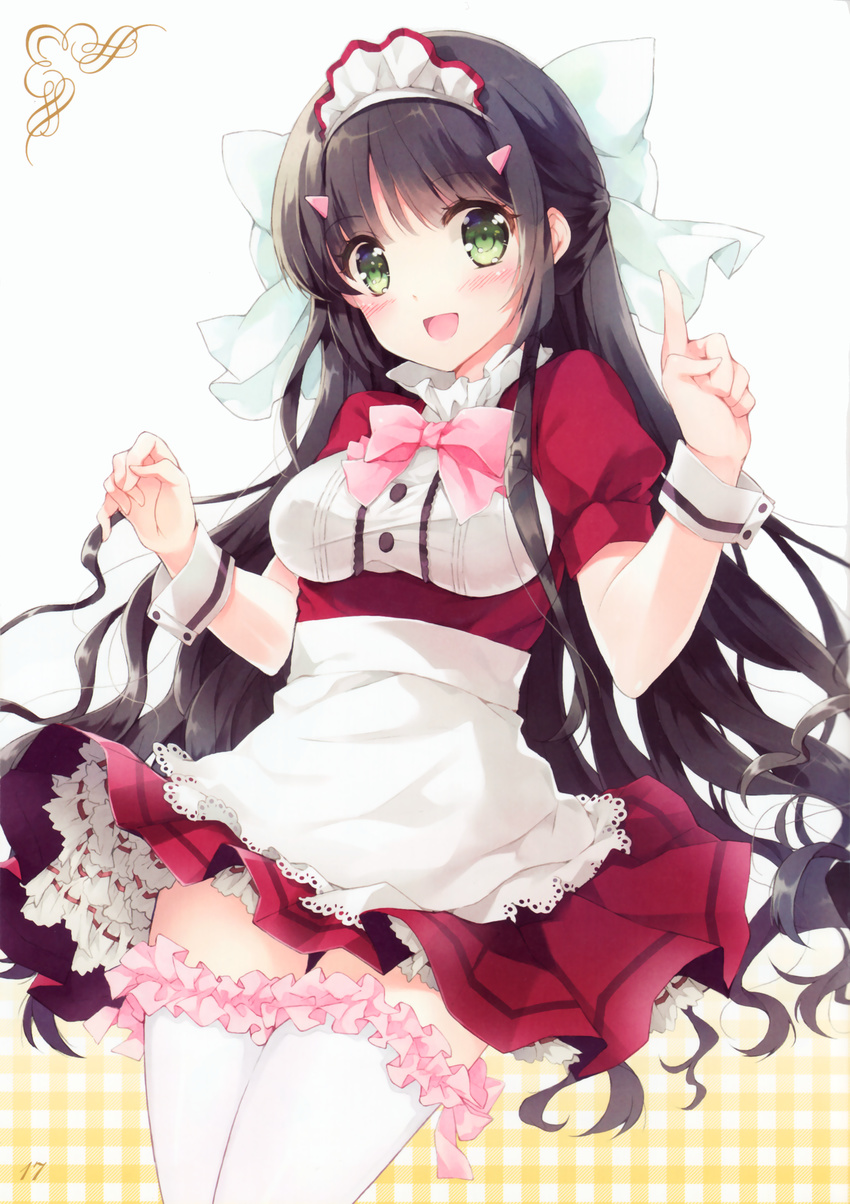 :d absurdres apron black_hair blush bow breasts garters green_eyes hair_ornament hairclip highres kono_naka_ni_hitori_imouto_ga_iru! laces long_hair maid_headdress medium_breasts mottsun official_art open_mouth plaid plaid_background smile solo thighhighs tsuruma_konoe white_legwear wrist_cuffs zettai_ryouiki