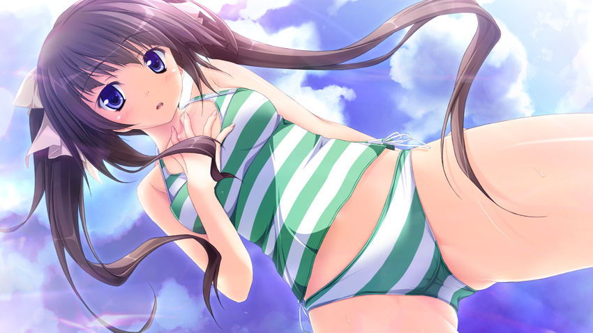 1girl bare_shoulders blue_eyes blush breasts brown_hair cloud clouds game_cg hair_ribbon hapymaher hapymaher:_fragmentation_dream highres hirasaka_keiko koku legs long_hair looking_at_viewer medium_breasts purple_hair ribbon sky standing swimsuit thighs tsukimori_hiro twintails