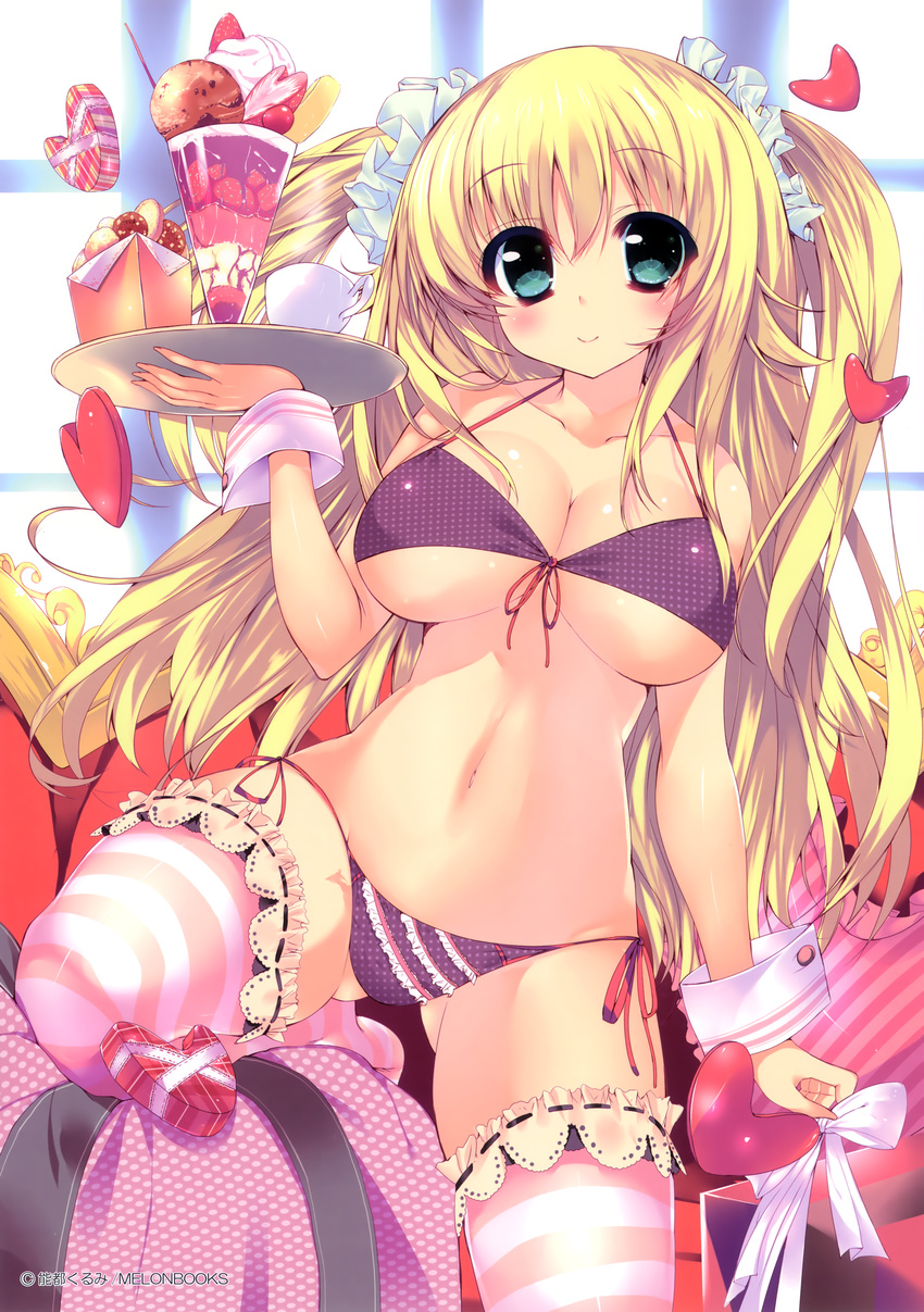 absurdres bikini blonde_hair blue_eyes breasts cleavage cookie food front-tie_bikini front-tie_top halterneck heart highres knee_up large_breasts noto_kurumi parfait pink_legwear purple_bikini side-tie_bikini string_bikini striped striped_legwear swimsuit thighhighs tray twintails wrist_cuffs