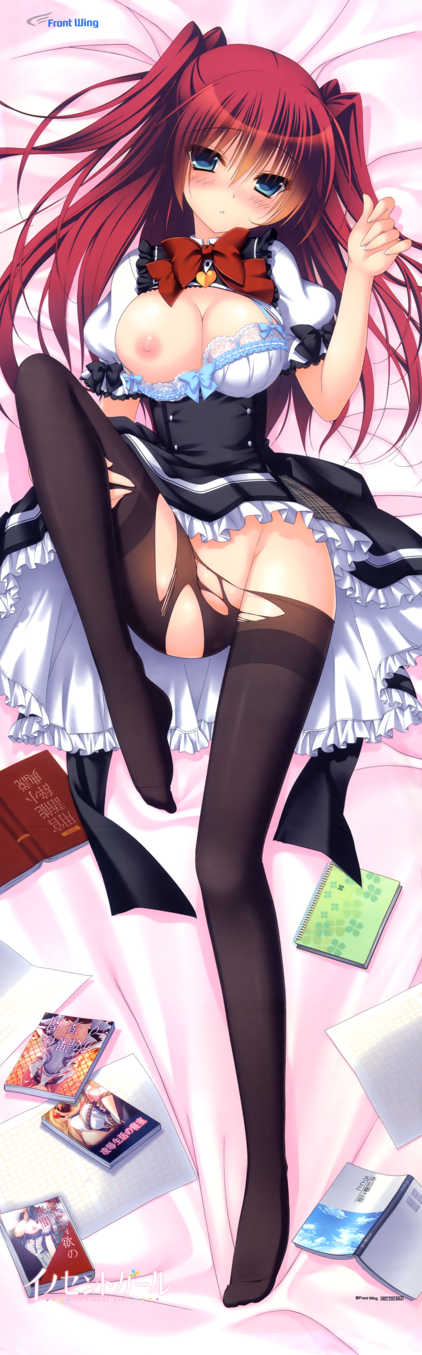 absurdres black_legwear blue_eyes blush book bow bow_bra bra bra_lift breast_slip breasts censored convenient_censoring dakimakura dress full_body highres huge_filesize innocent_girl knee_up lace lace-trimmed_bra large_breasts legs lying nanaka_mai nipples no_panties on_back one_breast_out ousaka_kanae pantyhose pure_girl red_hair solo spoilers torn_clothes torn_legwear two_side_up underwear white_bra