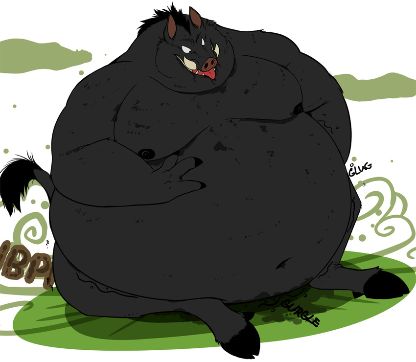 belly big_belly boar dark_skin fart male mammal nake nude obese overweight porcine riis sitting sweat
