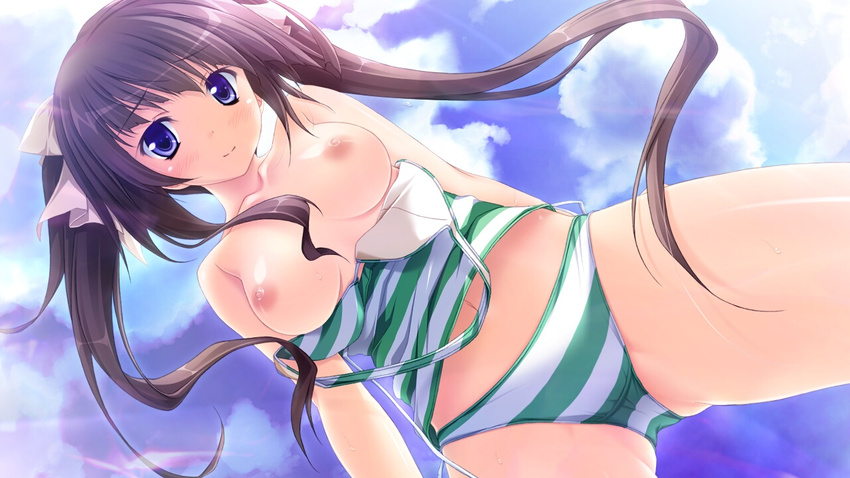 blue_eyes breasts brown_hair clouds game_cg hapymaher hirasaka_keiko long_hair nipples purple_software sky swimsuit tsukimori_hiro twintails