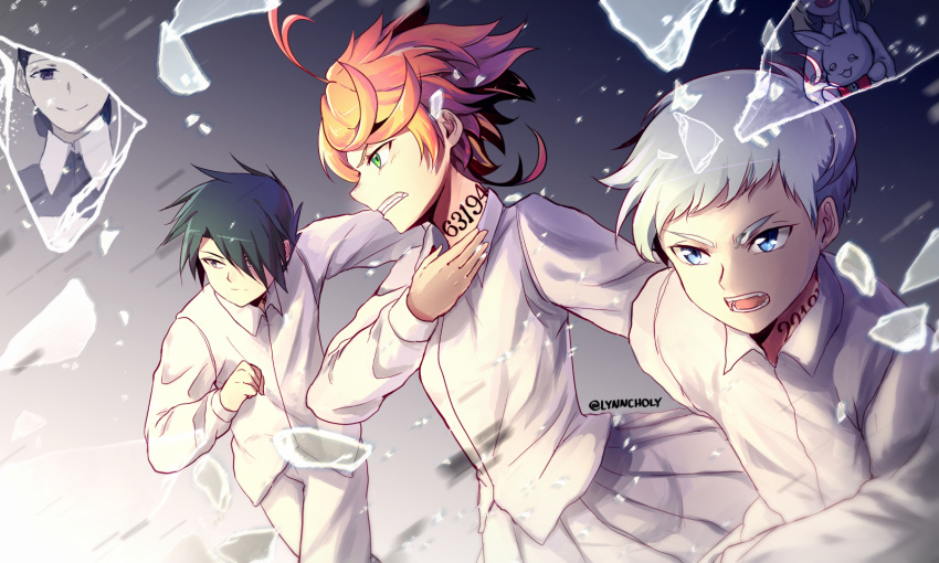 2boys 3girls ahoge arms_up black_hair blue_eyes broken_glass clenched_hand clenched_teeth conny_(yakusoku_no_neverland) emma_(yakusoku_no_neverland) expressionless glass green_eyes grey_background hair_over_one_eye hand_on_own_chest highres holding holding_stuffed_animal long_sleeves looking_at_viewer looking_to_the_side meilynn-hayakan mom_(yakusoku_no_neverland) multiple_boys multiple_girls neck_tattoo norman_(yakusoku_no_neverland) number open_mouth pants pleated_skirt purple_eyes ray_(yakusoku_no_neverland) red_hair shards shirt short_hair silver_hair simple_background skirt smile stuffed_animal stuffed_bunny stuffed_toy tattoo teeth thick_eyebrows twitter_username white_pants white_shirt white_skirt yakusoku_no_neverland