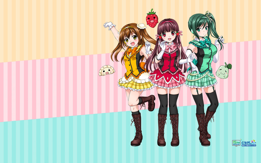 boots brown_hair dumpling food food_themed_clothes food_themed_hair_ornament fruit green_eyes green_hair hair_ornament haruzaki_nonoka highres itsuki_sayaka jiaozi kanpyou long_hair marronni_yell multiple_girls official_art pleated_skirt ponytail red_eyes skirt strawberry thighhighs tsutsumi_manami twintails urita_ruri wallpaper yellow_eyes
