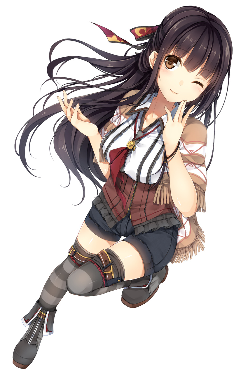 belt black_hair blush boots brown_eyes frilled_shirt frills fringe_trim full_body hair_ribbon highres kaguyuu leg_up long_hair looking_at_viewer one_eye_closed original ribbon shirt shorts smile solo striped striped_legwear thigh_strap thighhighs white_background