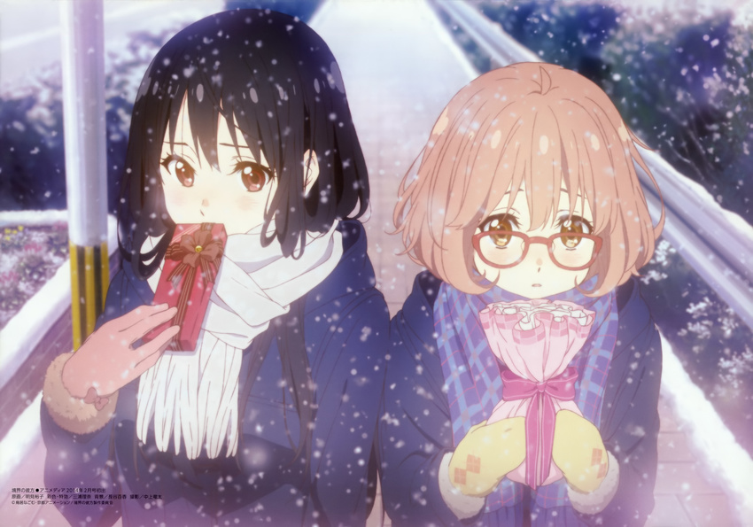 absurdres argyle black_hair blush box brown_eyes brown_hair chocolate covering_mouth detexted gift gift_bag gift_box glasses gloves highres incoming_gift kuriyama_mirai kyoukai_no_kanata long_hair looking_at_viewer mittens multiple_girls myouken_yuuko nase_mitsuki non-web_source official_art outdoors plaid plaid_scarf red-framed_eyewear red_eyes scarf short_hair snow snowing third-party_edit valentine winter