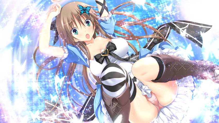 1girl arms_up ass boots breasts brown_hair butterfly dress game_cg green_eyes hair_ornament hapymaher hapymaher:_fragmentation_dream highres koku large_breasts legs long_hair looking_at_viewer open_mouth panties pantyshot simple_background skirt solo striped striped_legwear thighs toriumi_arisu tsukimori_hiro underwear upskirt