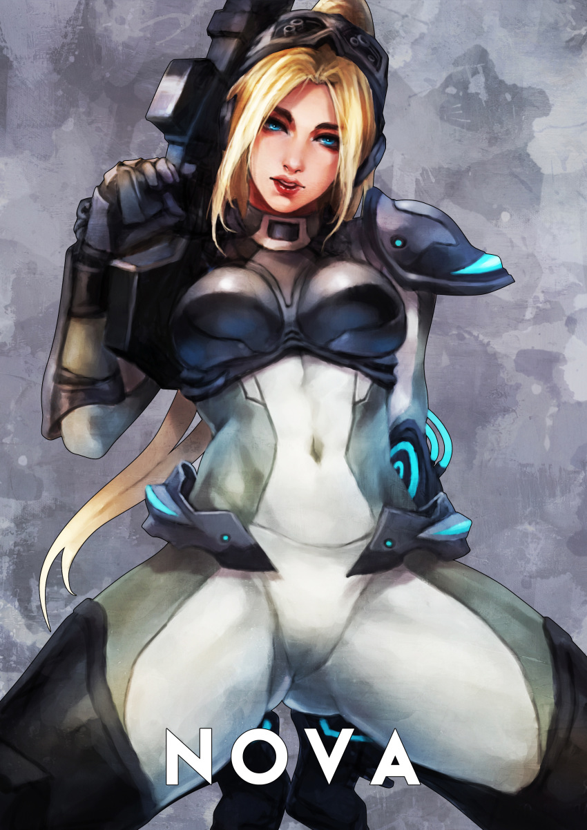 1girl absurdres blonde_hair bodysuit breastplate commentary covered_navel english_commentary gloves goggles goggles_on_head gun head_tilt highres kneeling lips long_hair looking_at_viewer monori_rogue nova_(starcraft) parted_lips ponytail solo squatting starcraft terran_ghost thick_eyebrows thick_thighs thighs weapon white_bodysuit